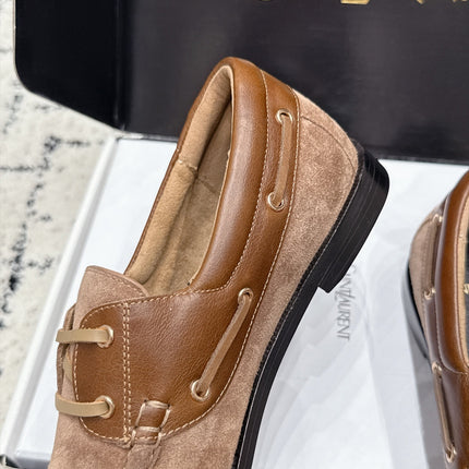 YSL 26S LOAFERS IN NUDE BROWN SUEDE & CALFSKIN WITH HORIZONTAL STRAP