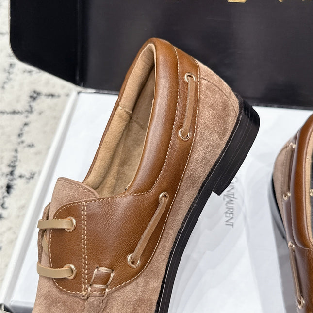 YSL 26S LOAFERS IN NUDE BROWN SUEDE & CALFSKIN WITH HORIZONTAL STRAP