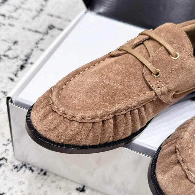 YSL 26S LOAFERS IN NUDE BROWN SUEDE WITH HORIZONTAL STRAP