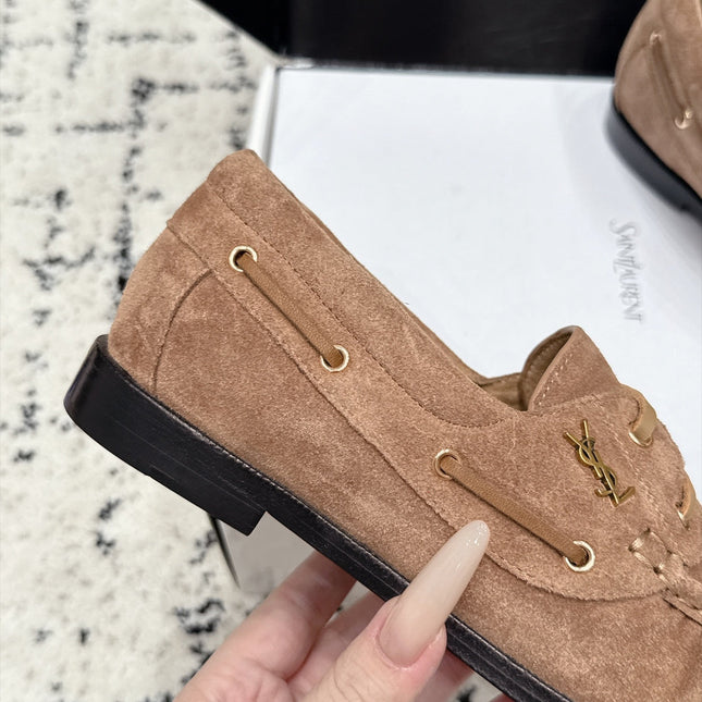 YSL 26S LOAFERS IN NUDE BROWN SUEDE WITH HORIZONTAL STRAP