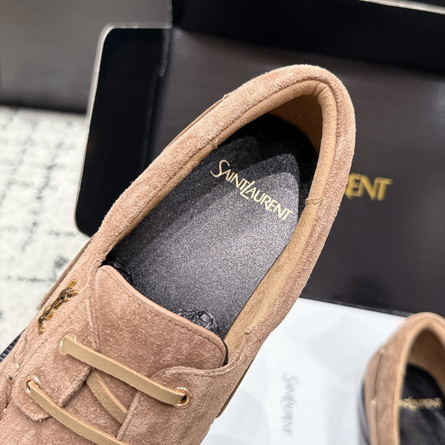 YSL 26S LOAFERS IN NUDE BROWN SUEDE WITH HORIZONTAL STRAP