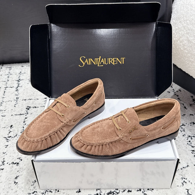 YSL 26S LOAFERS IN NUDE BROWN SUEDE WITH HORIZONTAL STRAP