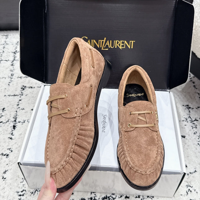 YSL 26S LOAFERS IN NUDE BROWN SUEDE WITH HORIZONTAL STRAP