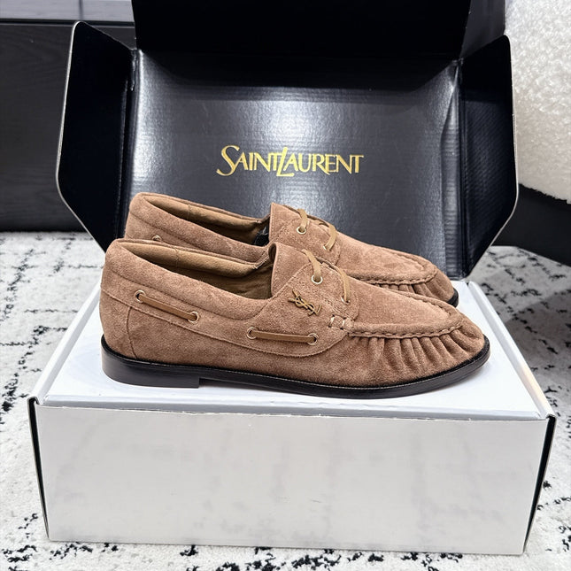 YSL 26S LOAFERS IN NUDE BROWN SUEDE WITH HORIZONTAL STRAP