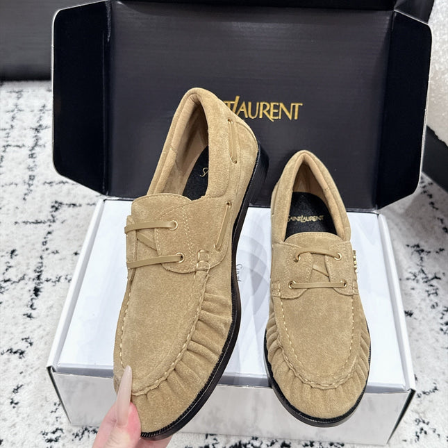 YSL 26S LOAFERS IN DARK BEIGE SUEDE WITH HORIZONTAL STRAP