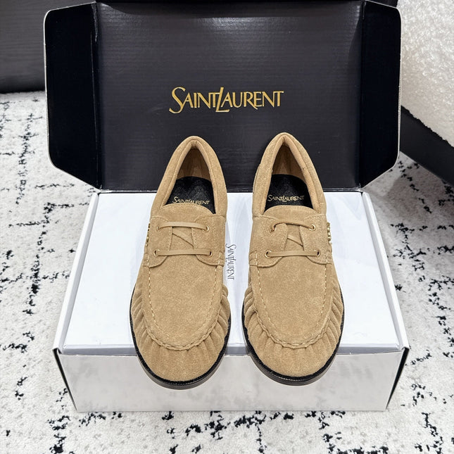 YSL 26S LOAFERS IN DARK BEIGE SUEDE WITH HORIZONTAL STRAP