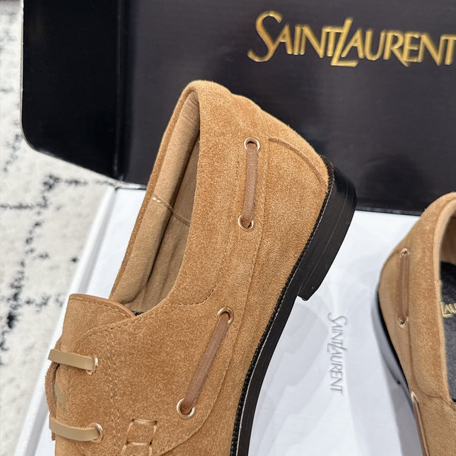 YSL 26S LOAFERS IN CAMEL SUEDE WITH HORIZONTAL STRAP