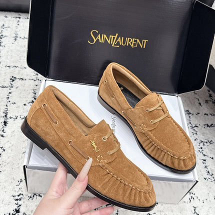 YSL 26S LOAFERS IN CAMEL SUEDE WITH HORIZONTAL STRAP