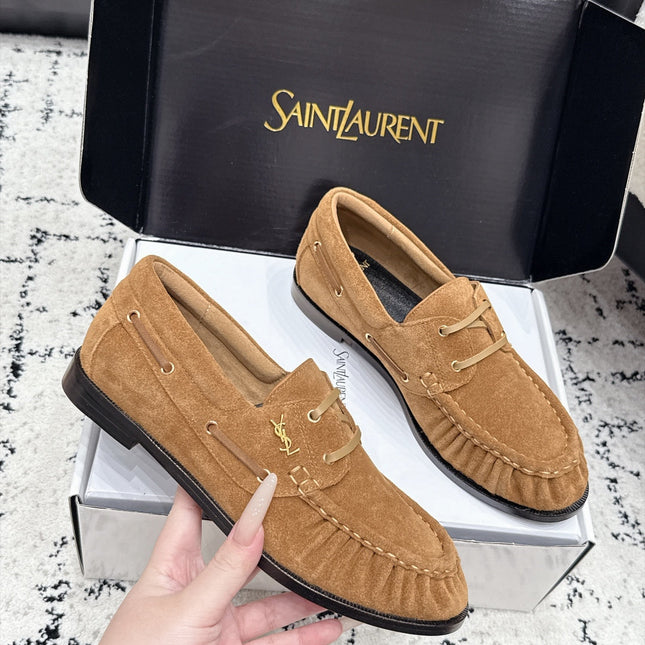 YSL 26S LOAFERS IN CAMEL SUEDE WITH HORIZONTAL STRAP