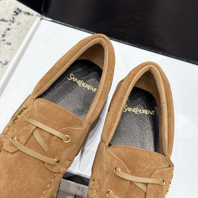 YSL 26S LOAFERS IN CAMEL SUEDE WITH HORIZONTAL STRAP