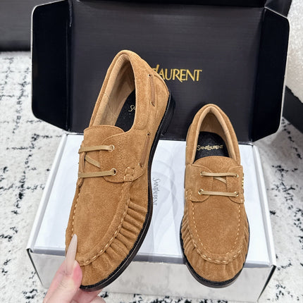 YSL 26S LOAFERS IN CAMEL SUEDE WITH HORIZONTAL STRAP