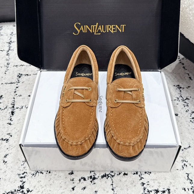 YSL 26S LOAFERS IN CAMEL SUEDE WITH HORIZONTAL STRAP