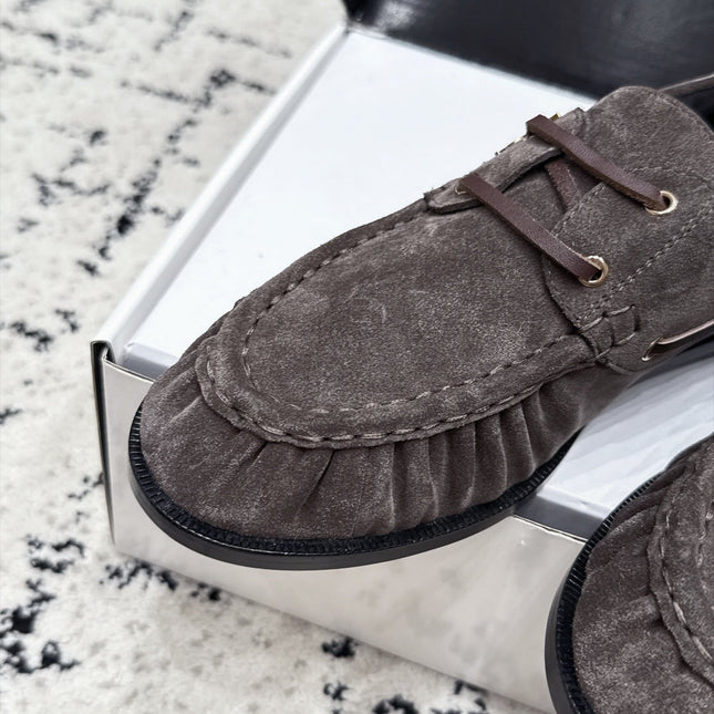 YSL 26S LOAFERS IN DARK GREY SUEDE WITH HORIZONTAL STRAP