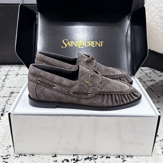 YSL 26S LOAFERS IN DARK GREY SUEDE WITH HORIZONTAL STRAP