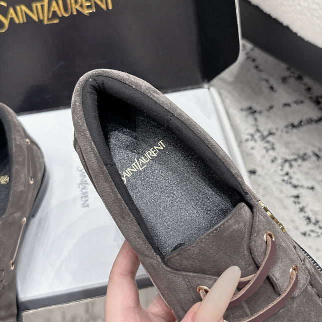 YSL 26S LOAFERS IN DARK GREY SUEDE WITH HORIZONTAL STRAP