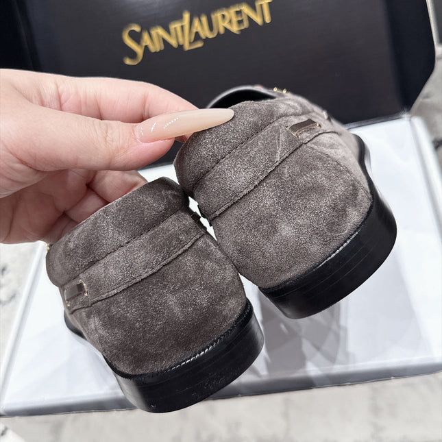 YSL 26S LOAFERS IN DARK GREY SUEDE WITH HORIZONTAL STRAP