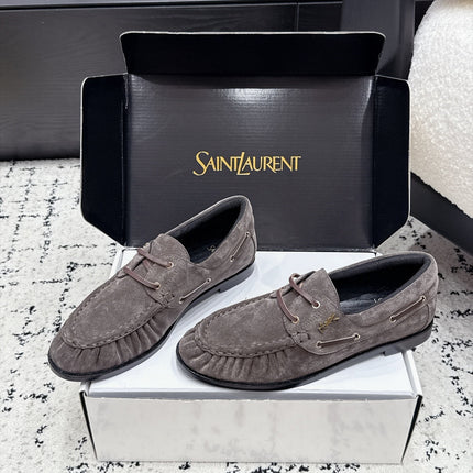 YSL 26S LOAFERS IN DARK GREY SUEDE WITH HORIZONTAL STRAP
