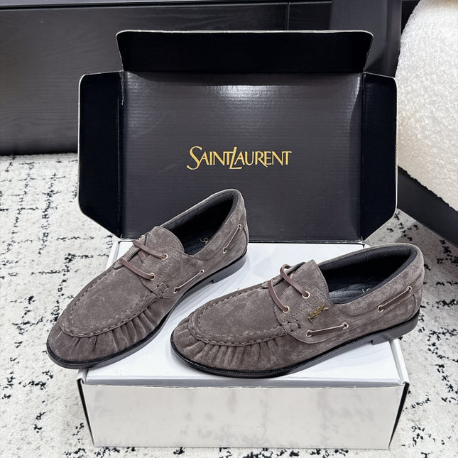 YSL 26S LOAFERS IN DARK GREY SUEDE WITH HORIZONTAL STRAP