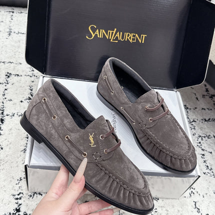 YSL 26S LOAFERS IN DARK GREY SUEDE WITH HORIZONTAL STRAP