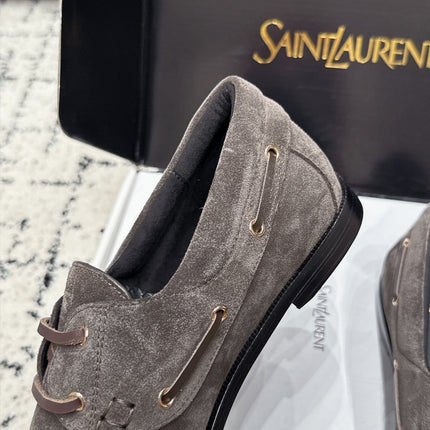 YSL 26S LOAFERS IN DARK GREY SUEDE WITH HORIZONTAL STRAP