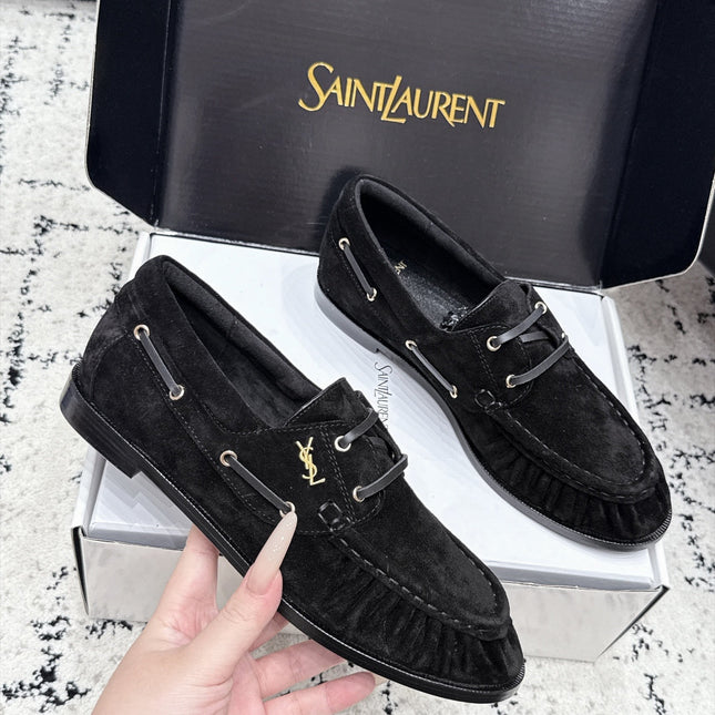 YSL 26S LOAFERS IN BLACK SUEDE WITH HORIZONTAL STRAP