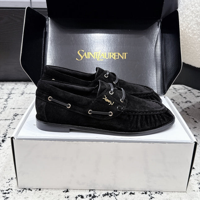YSL 26S LOAFERS IN BLACK SUEDE WITH HORIZONTAL STRAP