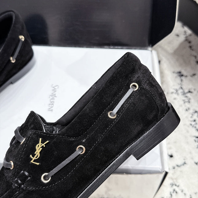 YSL 26S LOAFERS IN BLACK SUEDE WITH HORIZONTAL STRAP