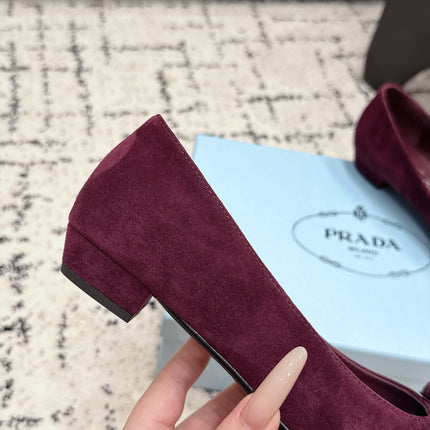 PRADA 26S POINTED-TOE BALLET IN BURGUNDY SUEDE