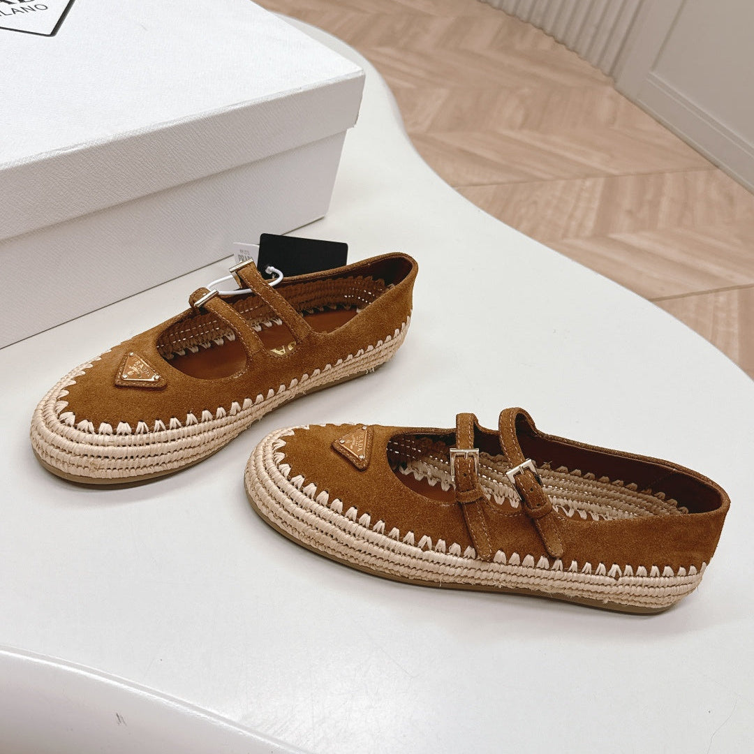 PRADA 26S MARY JANE ESPADRILLES SHOES IN CARAMEL BROWN SUEDE WITH LOGO
