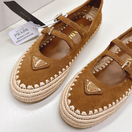 PRADA 26S MARY JANE ESPADRILLES SHOES IN CARAMEL BROWN SUEDE WITH LOGO