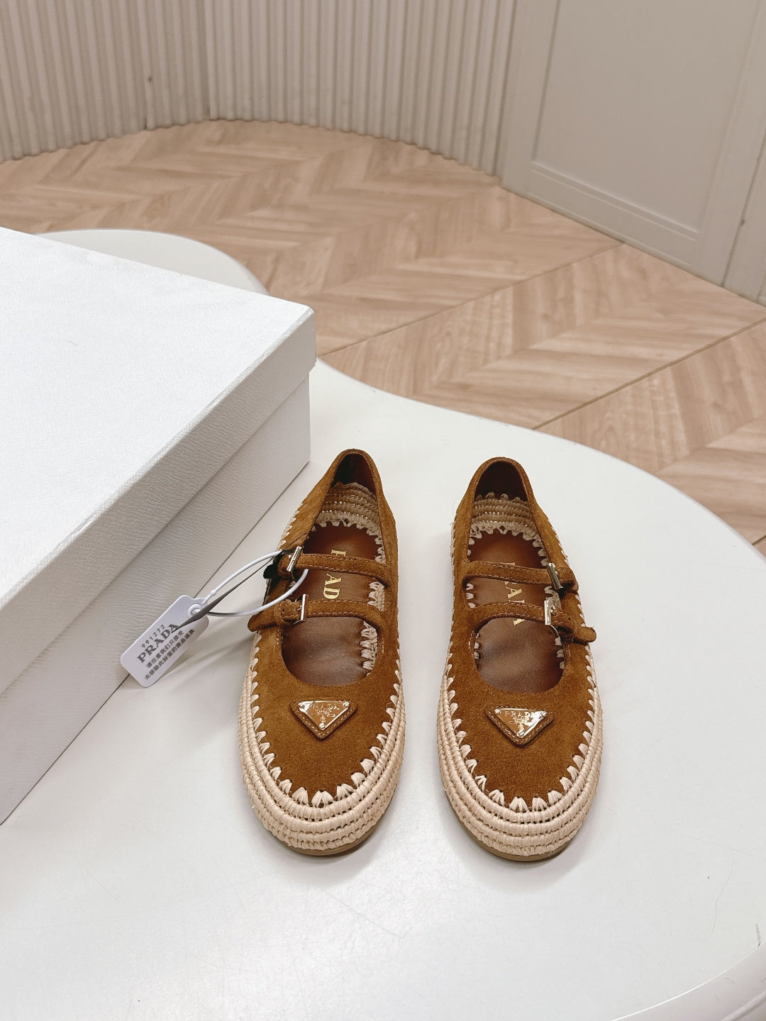 PRADA 26S MARY JANE ESPADRILLES SHOES IN CARAMEL BROWN SUEDE WITH LOGO