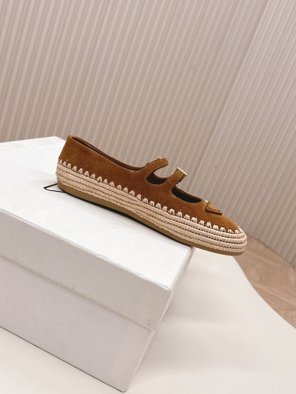 PRADA 26S MARY JANE ESPADRILLES SHOES IN CARAMEL BROWN SUEDE WITH LOGO