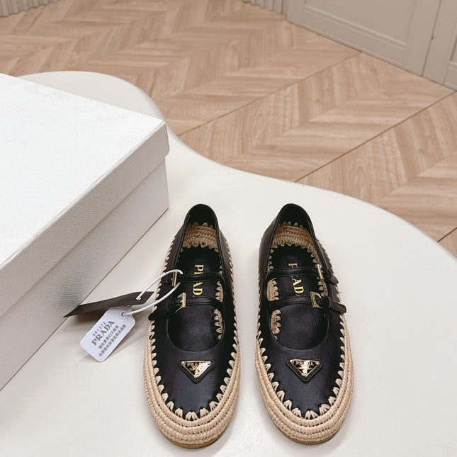PRADA 26S MARY JANE ESPADRILLES SHOES IN BLACK CALFSKIN WITH LOGO