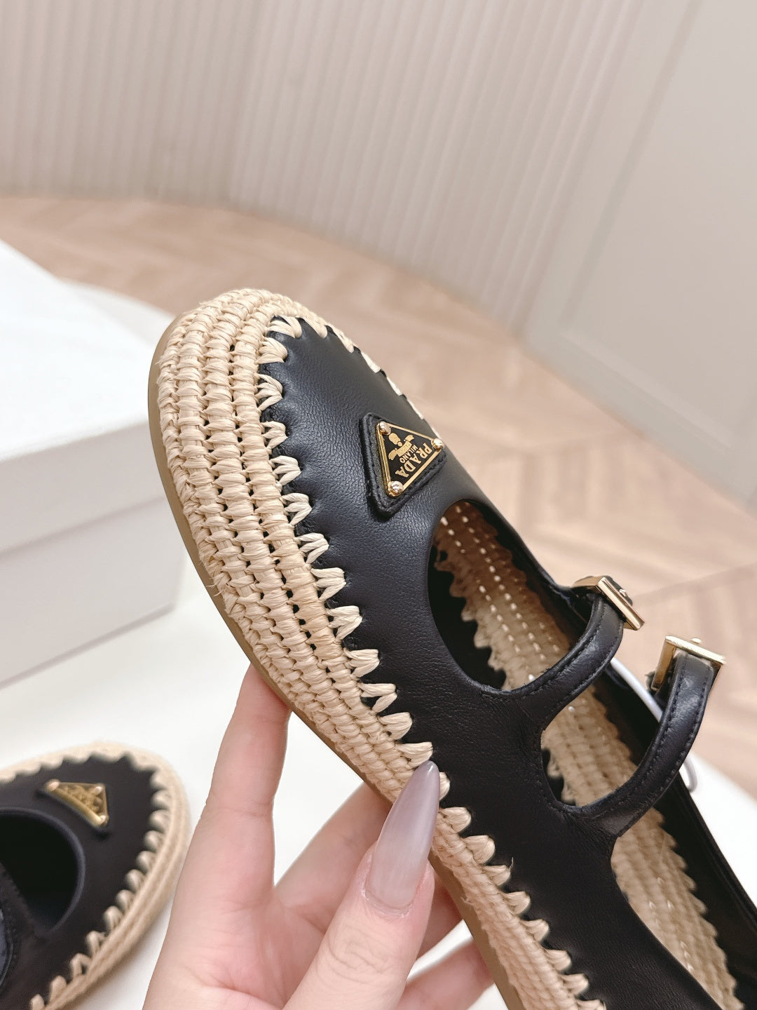 PRADA 26S MARY JANE ESPADRILLES SHOES IN BLACK CALFSKIN WITH LOGO