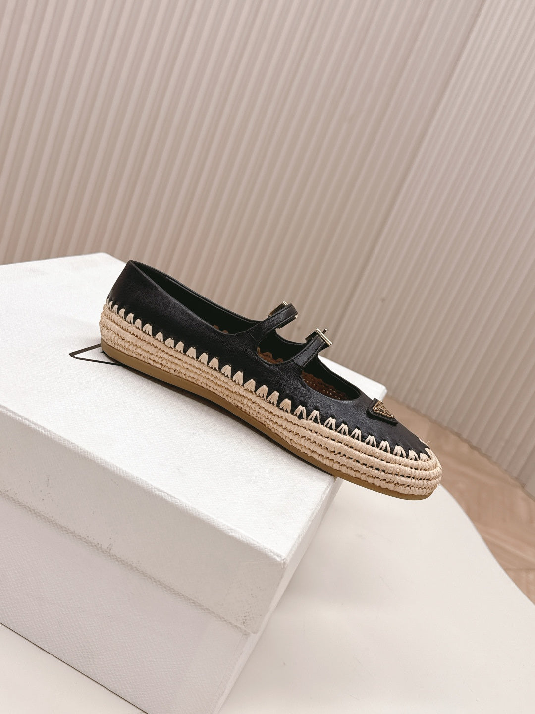 PRADA 26S MARY JANE ESPADRILLES SHOES IN BLACK CALFSKIN WITH LOGO