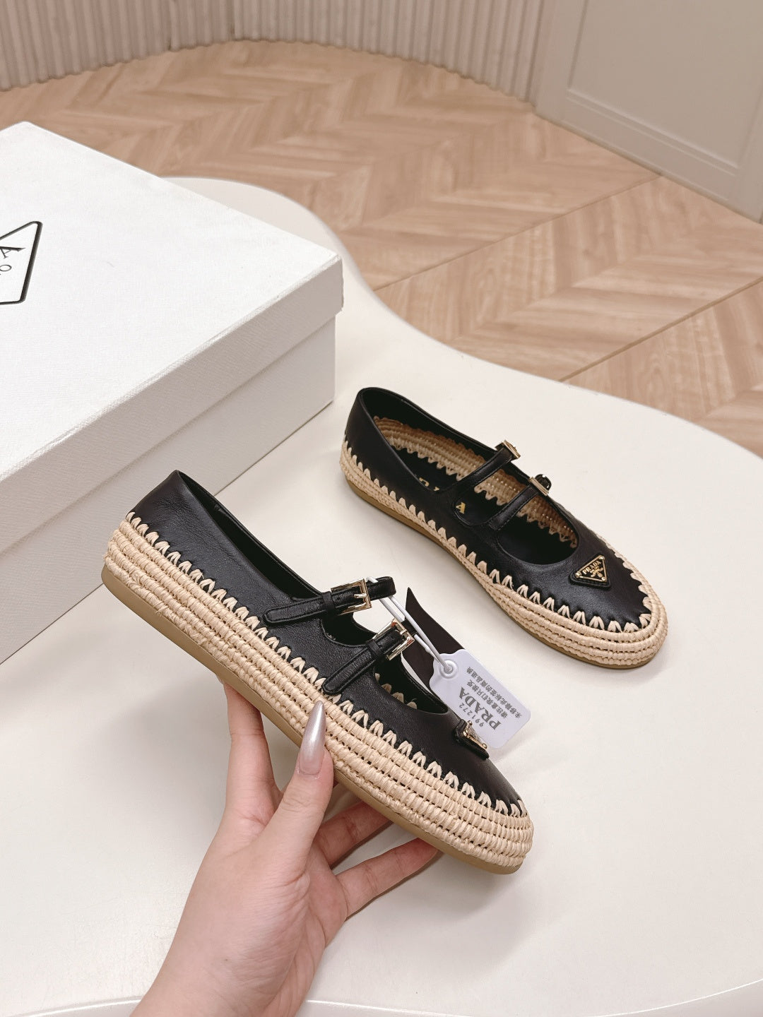 PRADA 26S MARY JANE ESPADRILLES SHOES IN BLACK CALFSKIN WITH LOGO