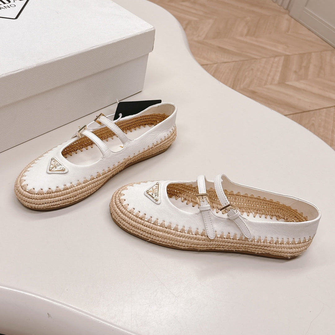 PRADA 26S MARY JANE ESPADRILLES SHOES IN WHITE CALFSKIN WITH LOGO