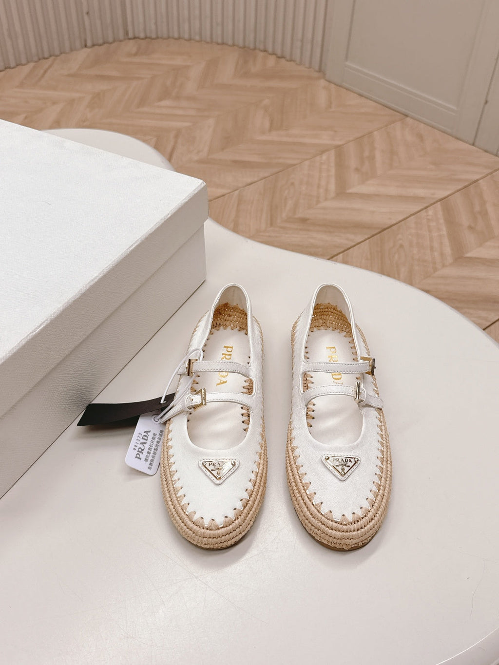 PRADA 26S MARY JANE ESPADRILLES SHOES IN WHITE CALFSKIN WITH LOGO