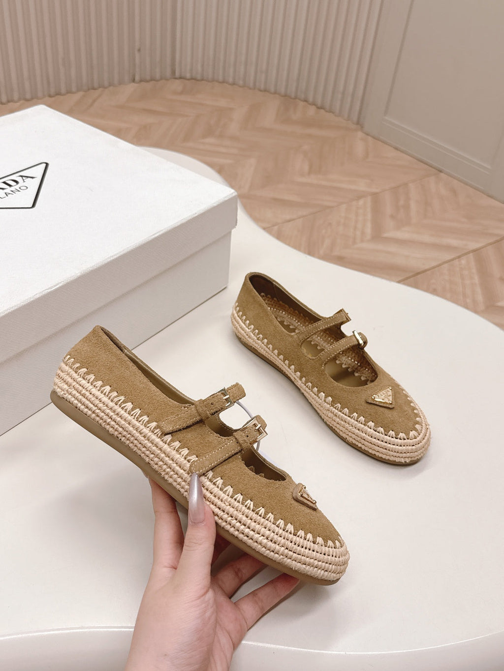 PRADA 26S MARY JANE ESPADRILLES SHOES IN BROWN SUEDE WITH LOGO