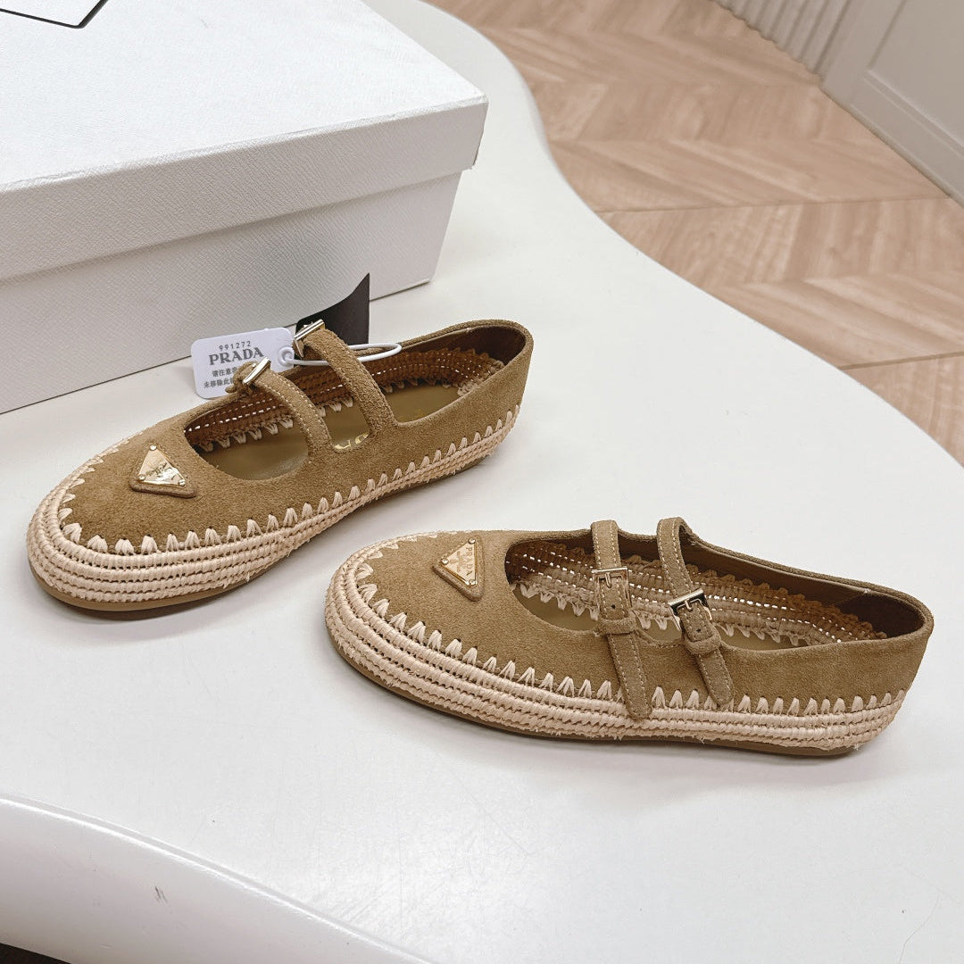 PRADA 26S MARY JANE ESPADRILLES SHOES IN BROWN SUEDE WITH LOGO