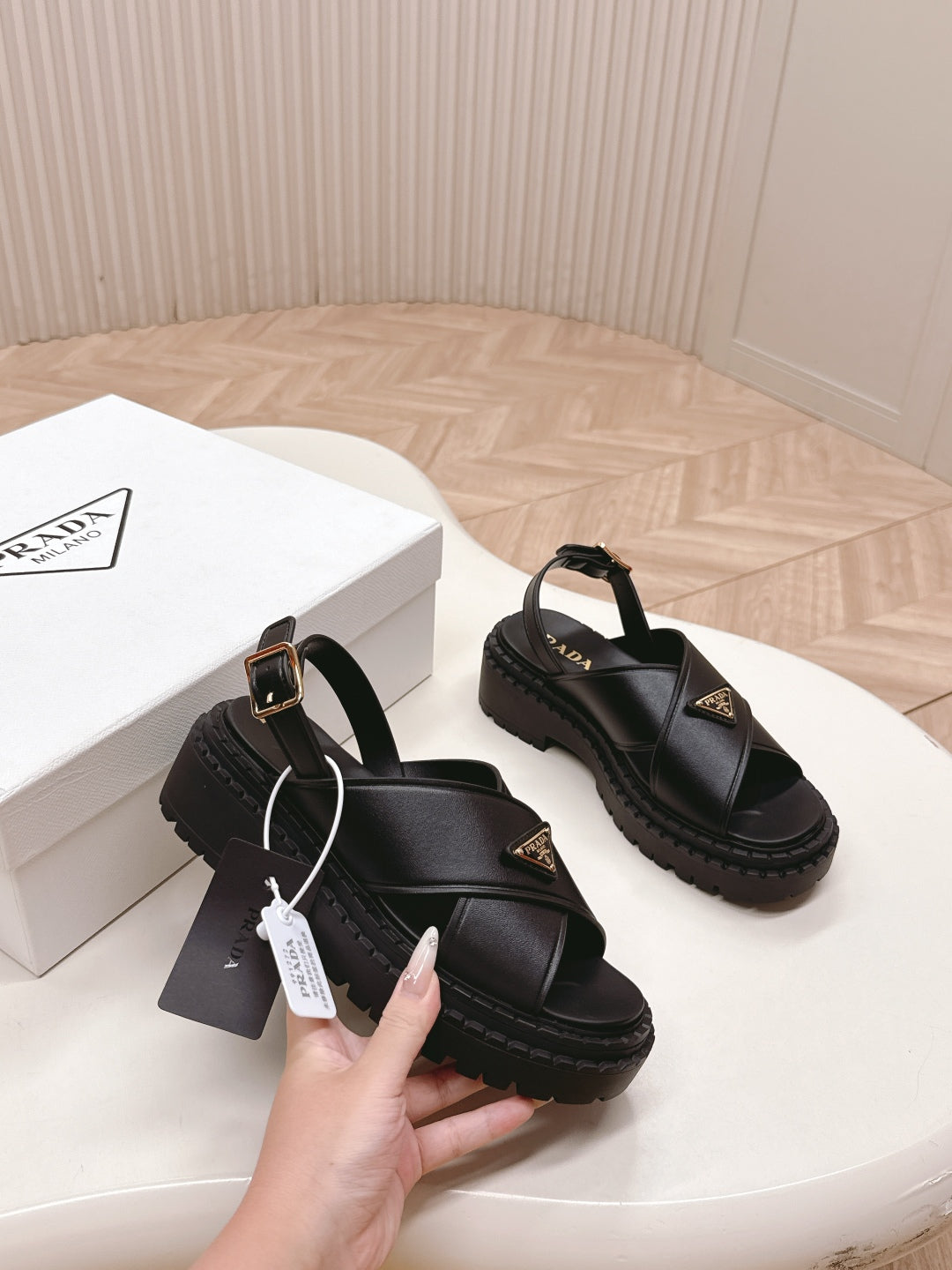 PRADA 25S SANDALS IN BLACK CALFSKIN LOGO GOLD HARDWARE