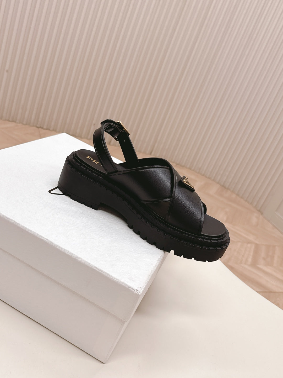 PRADA 25S SANDALS IN BLACK CALFSKIN LOGO GOLD HARDWARE