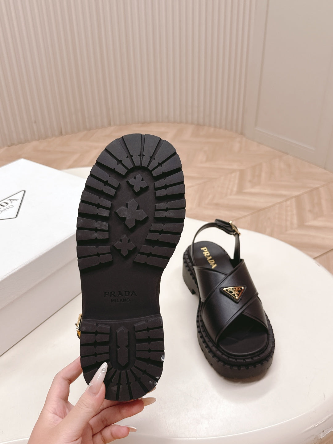 PRADA 25S SANDALS IN BLACK CALFSKIN LOGO GOLD HARDWARE