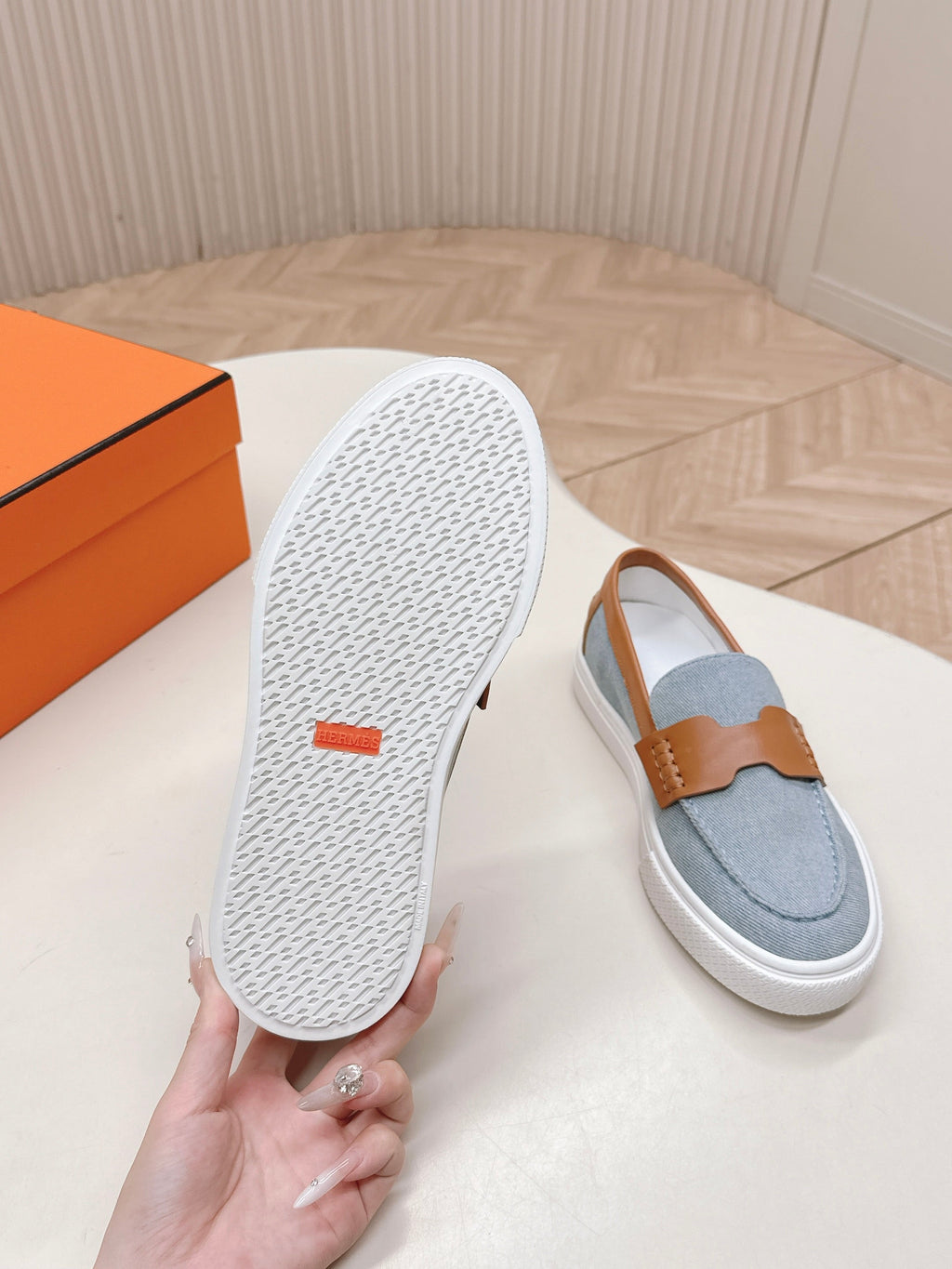 HM 25S SLIP-ON IN BLUE DENIM AND BROWN LAMBSKIN