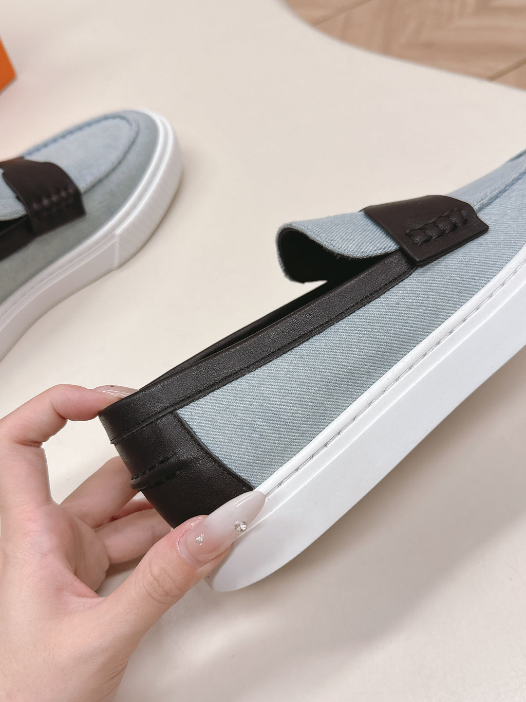 HM 25S SLIP-ON IN BLUE DENIM AND BLACK LAMBSKIN