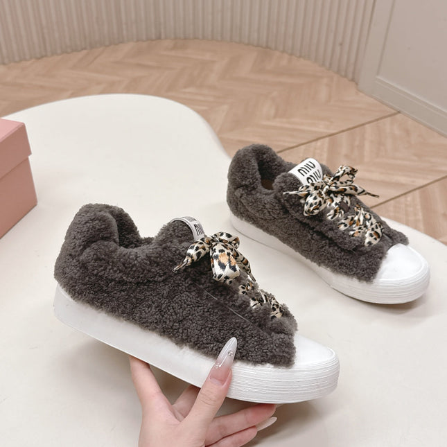 MIUMIU 25S SNEAKERS IN DARK BROWN SHEARLING WITH LEOPARD-PRINT LACES