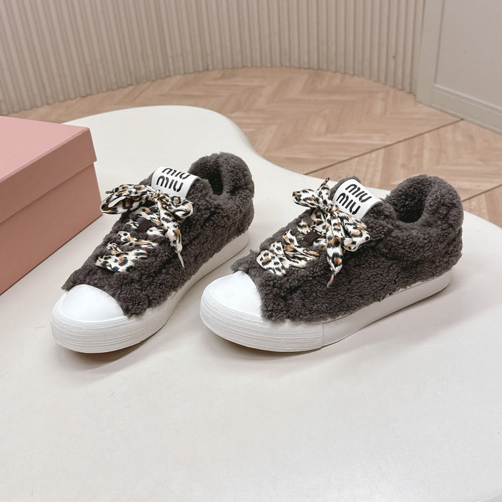 MIUMIU 25S SNEAKERS IN DARK BROWN SHEARLING WITH LEOPARD-PRINT LACES
