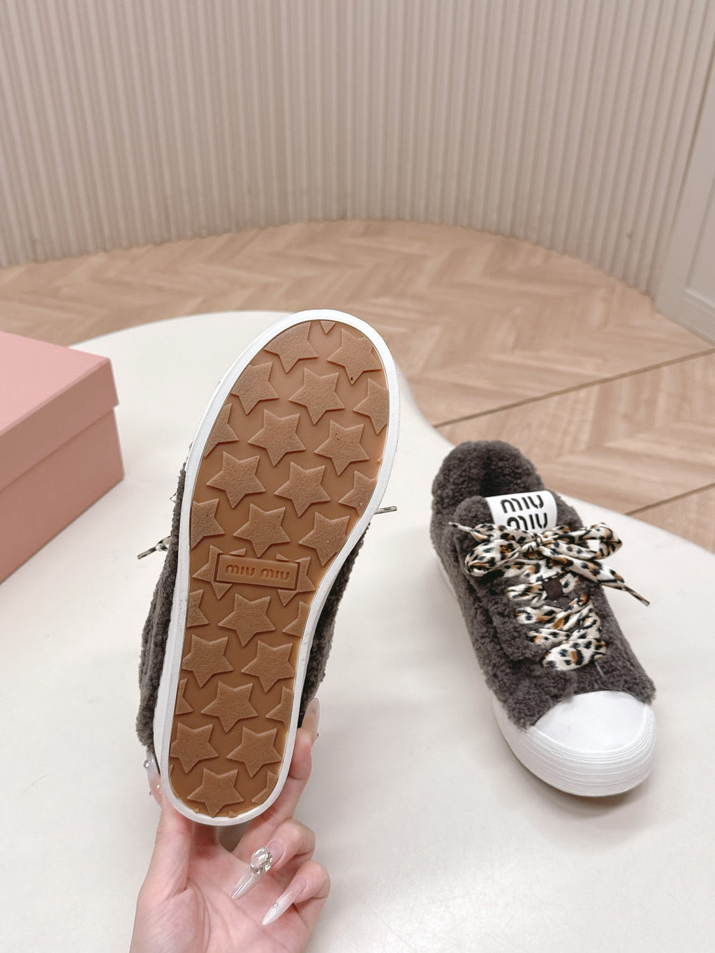 MIUMIU 25S SNEAKERS IN DARK BROWN SHEARLING WITH LEOPARD-PRINT LACES