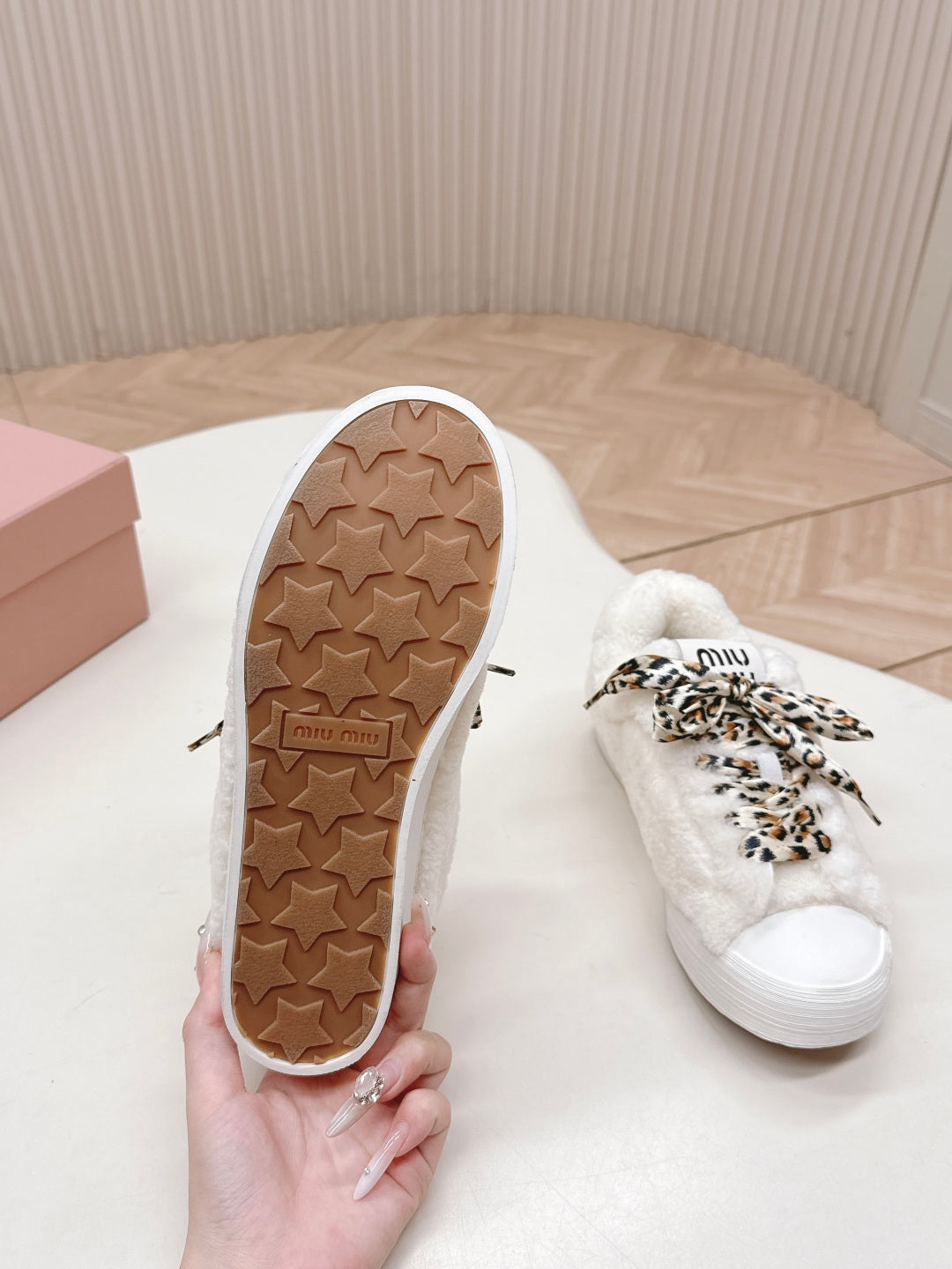 MIUMIU 25S SNEAKERS IN WHITE SHEARLING WITH LEOPARD-PRINT LACES