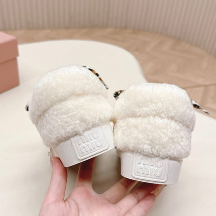 MIUMIU 25S SNEAKERS IN WHITE SHEARLING WITH LEOPARD-PRINT LACES